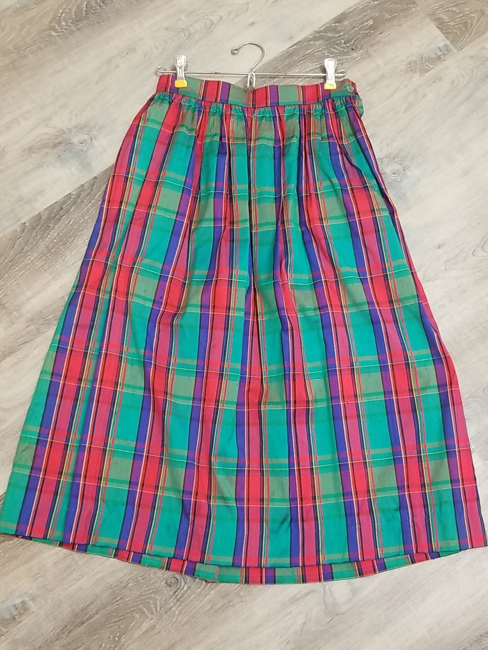 Vintage Susan Bristol Vibrant Red Green Blue Plaid Midi Skirt- ALTERED